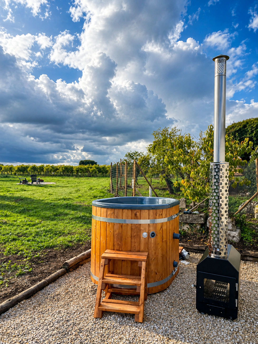 Le bain nordique chauffé au feu de bois, face aux vignes du Dôme de Cognac